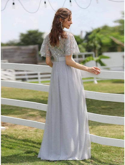 Wholesale A-Line Empire Elegant Party Wear Prom Dress Jewel Neck Short Sleeve Floor Length Tulle with Embroidery 2022 / Illusion Sleeve