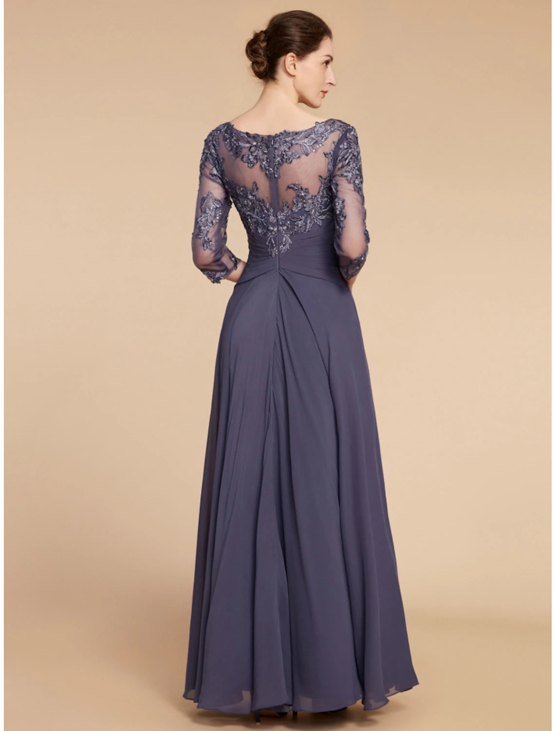 Wholesa A-Line Mother of the Bride Dress Wedding Guest Elegant Scoop Neck Floor Length Chiffon Lace 3/4 Length Sleeve with Ruching Solid Color