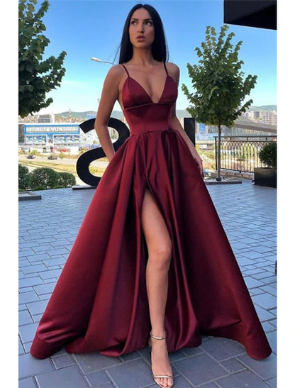 Wholesale A-Line Black Prom Dress High Split Evening Dress Formal Birthday Summer Dress Spaghetti Strap Sleeveless Sweep / Brush Train Satin with Pleats Split Front