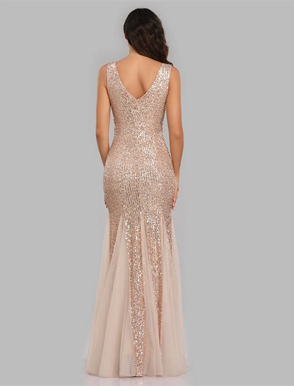 Wholesa  Mermaid / Trumpet Sparkle Sexy Party Wear Formal Evening Dress V Neck Sleeveless Floor Length Sequined with Sequin