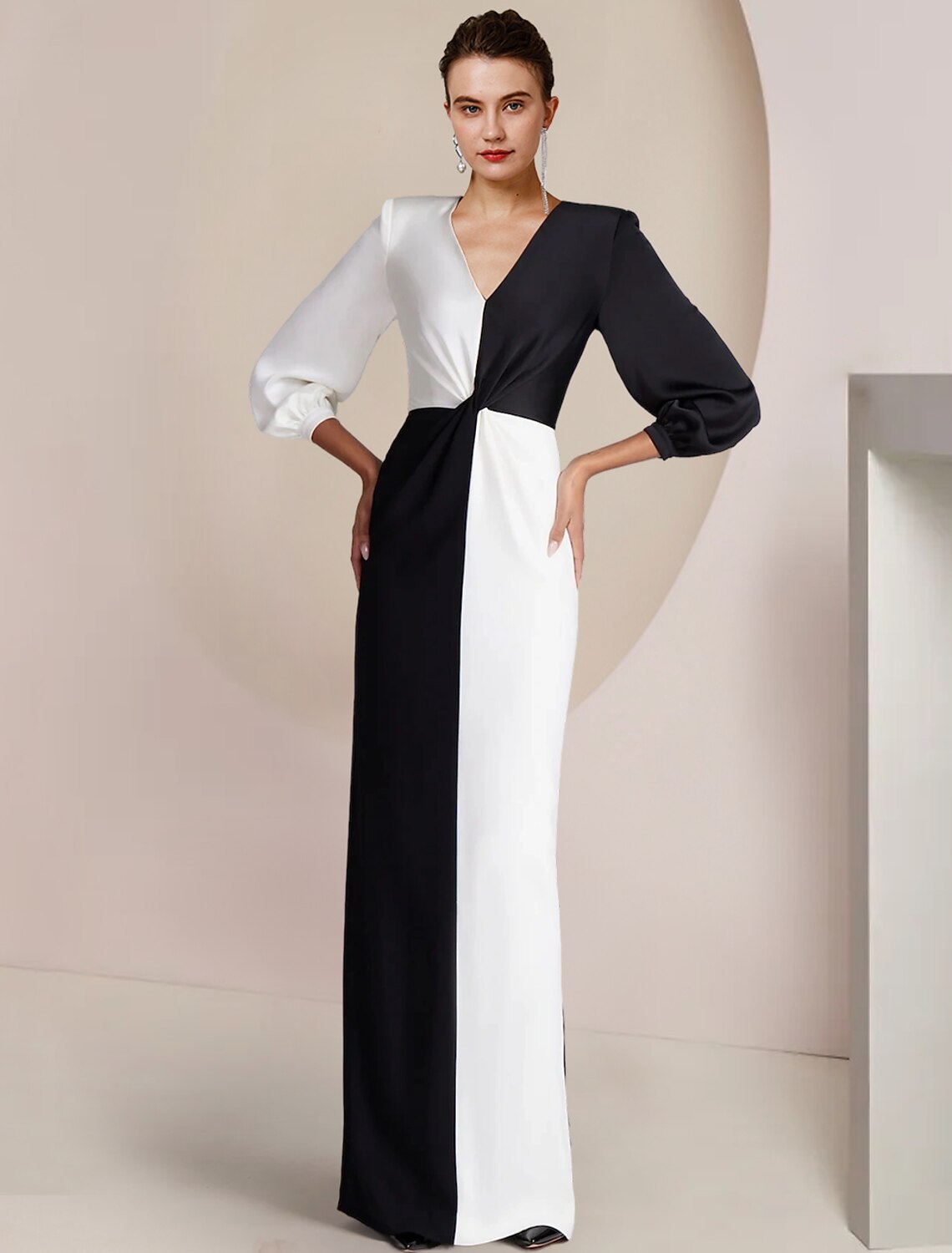 Wholesale Sheath / Column Mother of the Bride Dress Formal Wedding Guest Party Elegant V Neck Floor Length Stretch Satin 3/4 Length Sleeve with Color Block