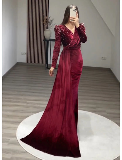 Wholesa Mermaid Party Dress Evening Gown Maxi Dress Formal Black Tie Gala Floor Length Long Sleeve V Neck Fall Wedding Guest Velvet with Ruched Pearls