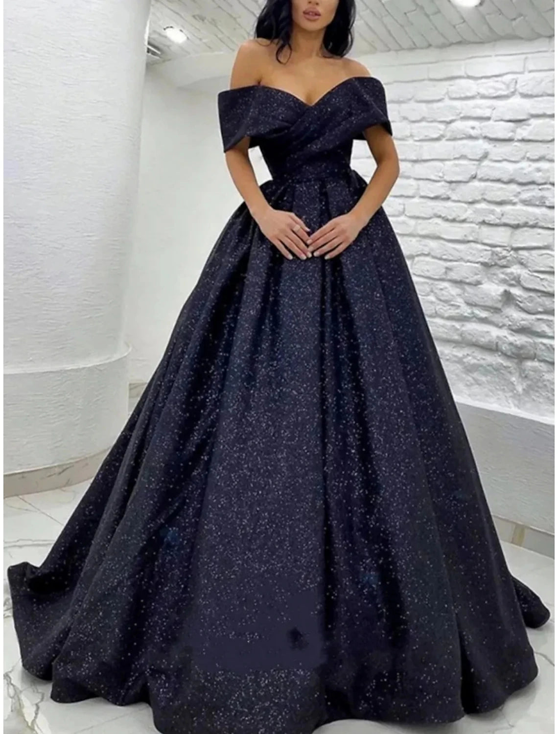 Wholesa A-Line Prom Dresses Elegant Dress Black Tie Gala Sweep / Brush Train Short Sleeve Off Shoulder Sequined with Glitter Pleats