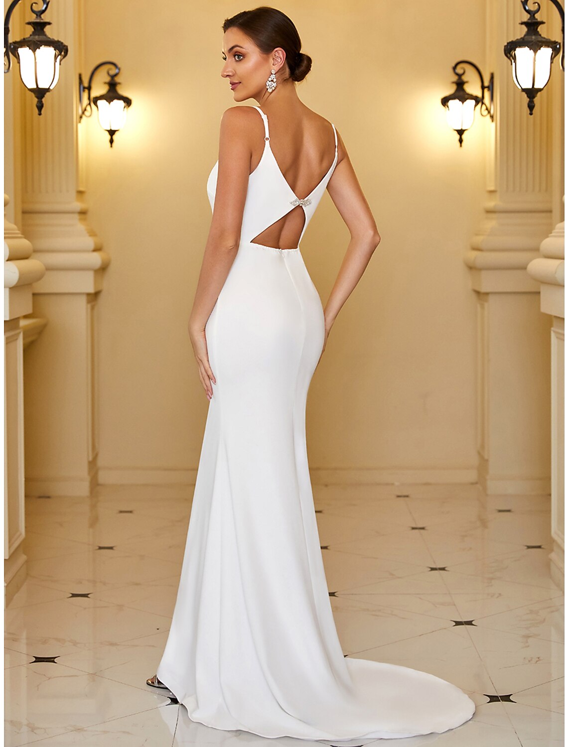 Wholesale Reception Casual Wedding Dresses Mermaid / Trumpet Camisole V Neck Spaghetti Strap Sweep / Brush Train Stretch Fabric Bridal Gowns With Ruched Draping 2023 Summer Wedding Party