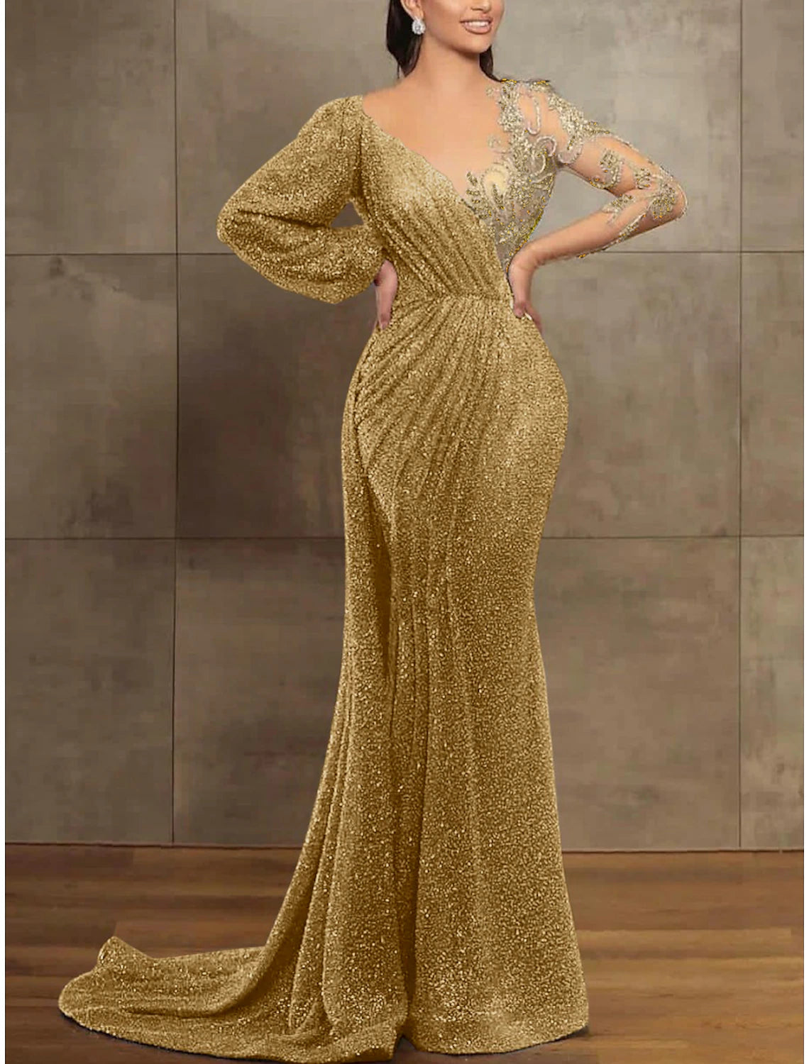 Aimishang Mermaid / Trumpet Evening Gown Elegant Formal Dress Red Green Dress Long Sleeve Sequined Long Prom Dress with Pleats