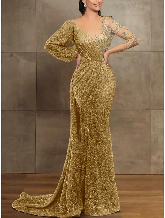 Aimishang Mermaid / Trumpet Evening Gown Elegant Formal Dress Red Green Dress Long Sleeve Sequined Long Prom Dress with Pleats