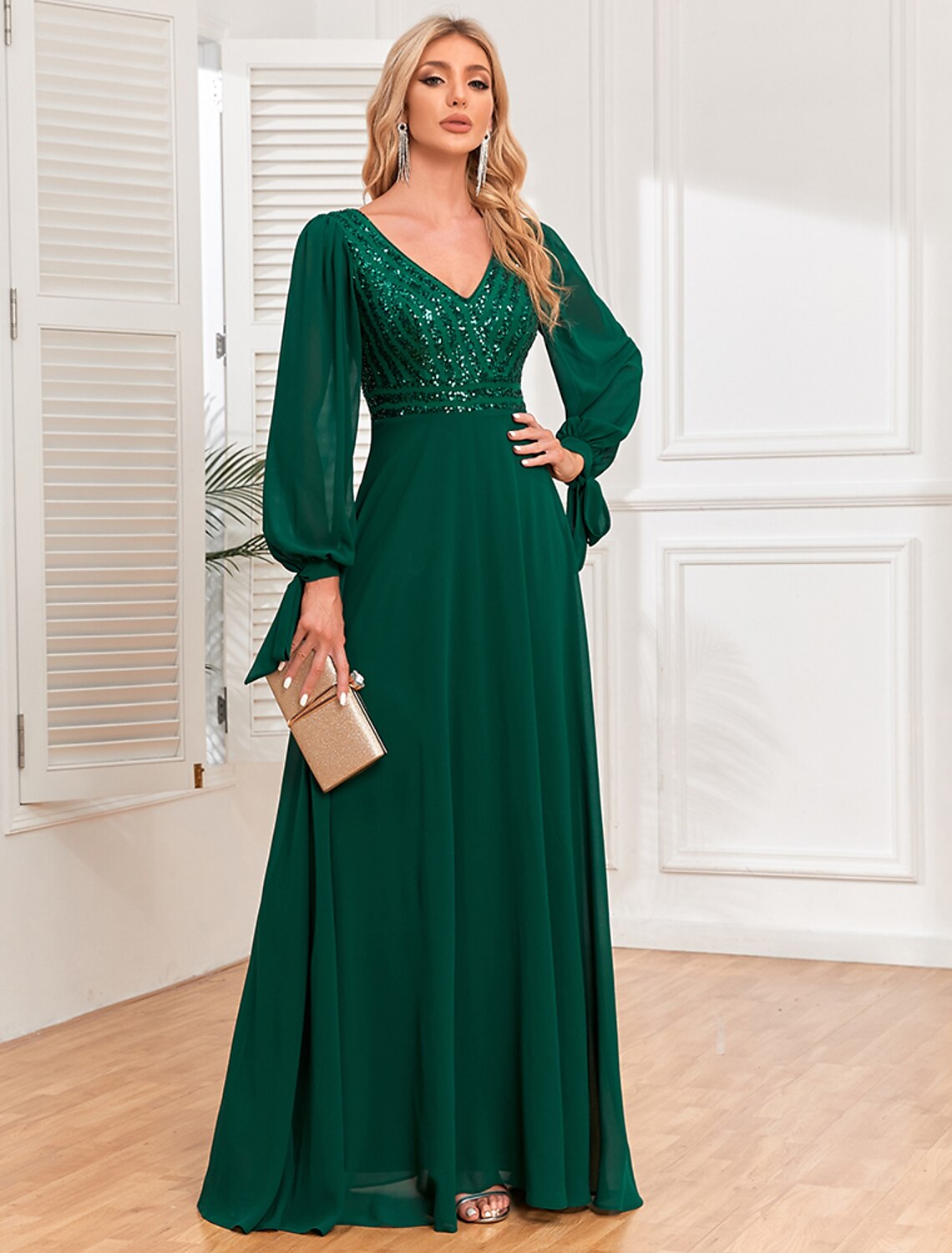 Wholesa A-Line Evening Gown Empire Dress Evening Party Wedding Reception Floor Length Long Sleeve V Neck Fall Wedding Guest Chiffon V Back with Sequin