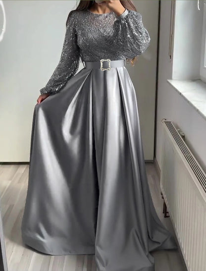 Wholesa A-Line Evening Gown Elegant Dress Wedding Black Tie Floor Length Long Sleeve Jewel Neck Fall Wedding Guest Satin with Sequin