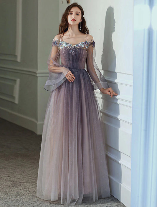 Wholesale A-Line Minimalist Elegant Party Wear Prom Dress Off Shoulder Long Sleeve Floor Length Tulle with Appliques