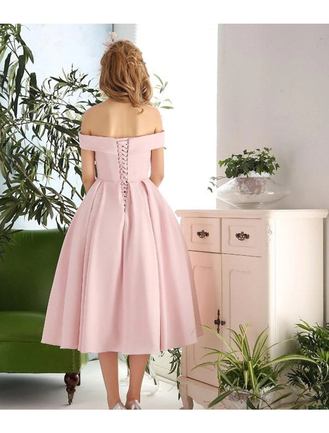 wholesale  A-Line Cocktail Dresses Vintage Dress Engagement Tea Length Sleeveless Off Shoulder Stretch Fabric with Pleats