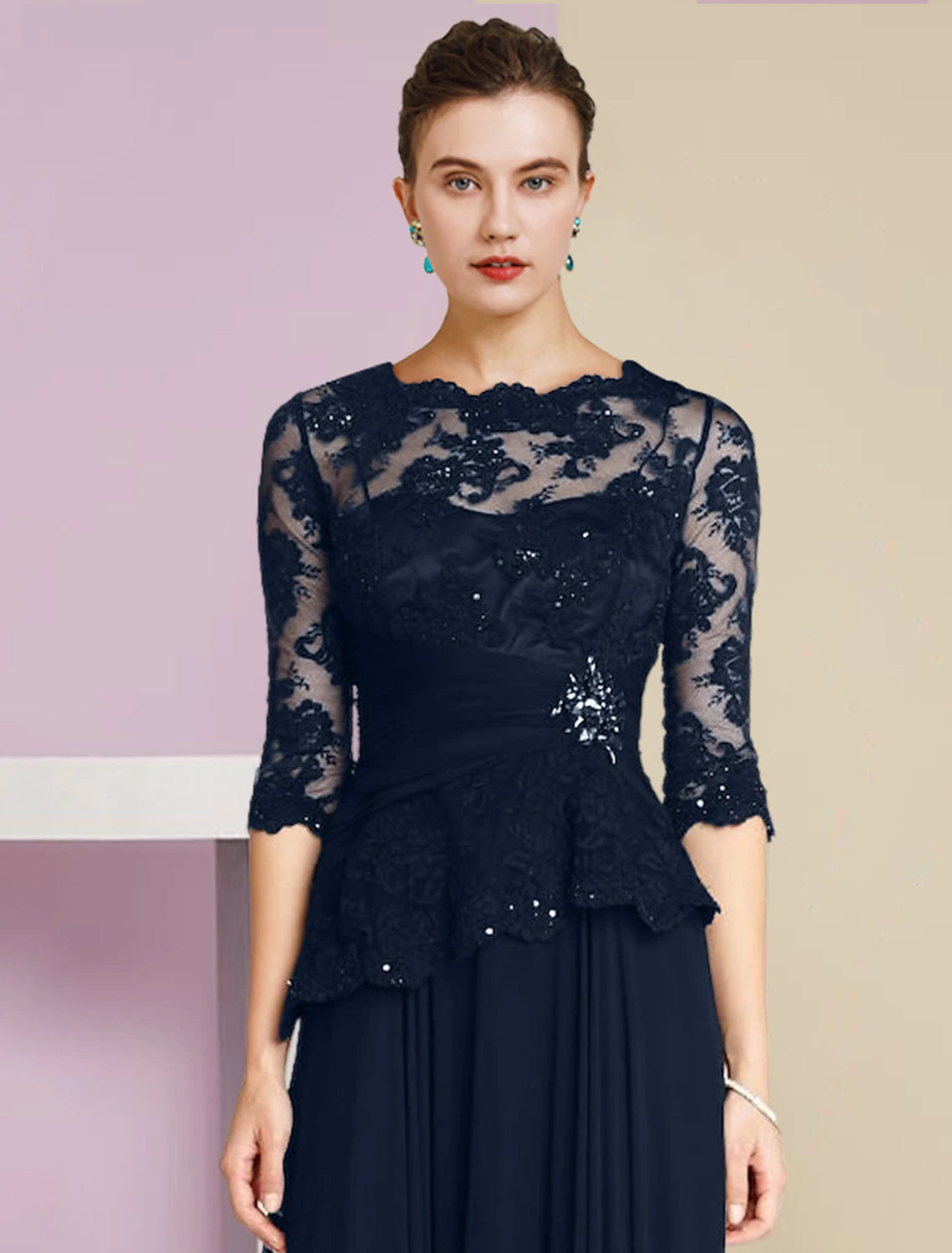 Wholesa A-Line Mother of the Bride Dress Formal Wedding Guest Elegant Scoop Neck Floor Length Chiffon Lace Half Sleeve with Pleats Appliques Crystal Brooch