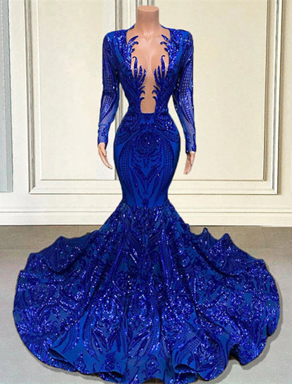 Wholesa  Mermaid / Trumpet Evening Gown Sparkle & Shine Dress Carnival Formal Court Train Long Sleeve V Neck African American Sequined with Beading Sequin