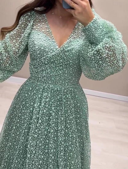 Wholesa A-Line Prom Dresses Elegant Dress Formal Prom Floor Length Long Sleeve V Neck Sequined with Glitter Sequin