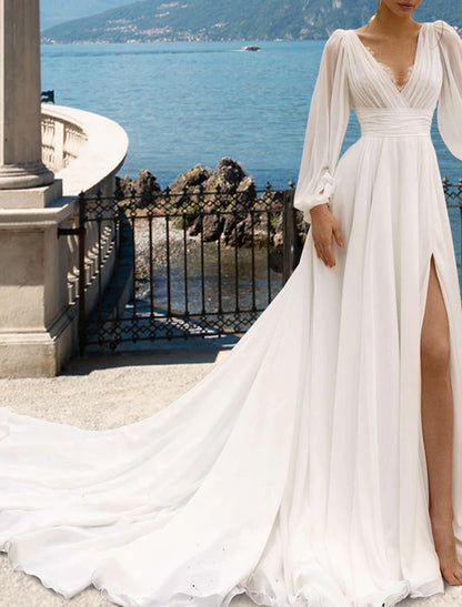 Wholesa Beach Sexy Wedding Dresses A-Line V Neck Long Sleeve Court Train Chiffon Bridal Gowns With Pleats Split Front