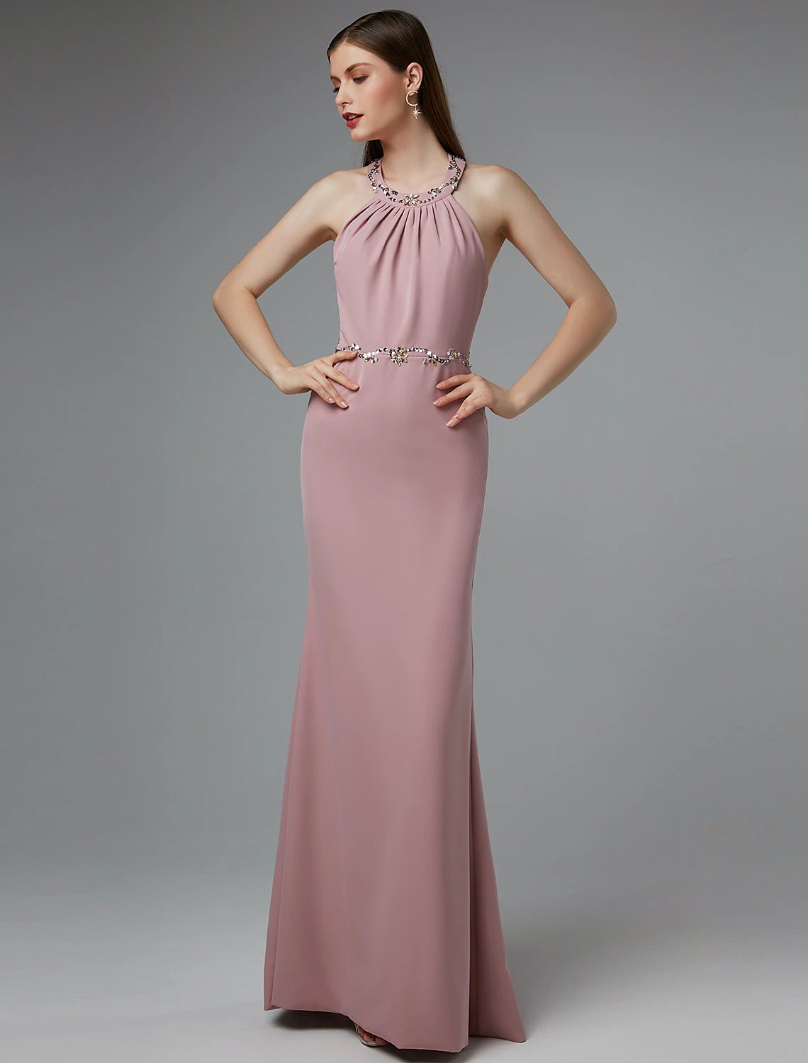 Wholesale Sheath / Column Beautiful Back Dress Wedding Guest Floor Length Sleeveless Halter Spandex Crisscross Back with Beading