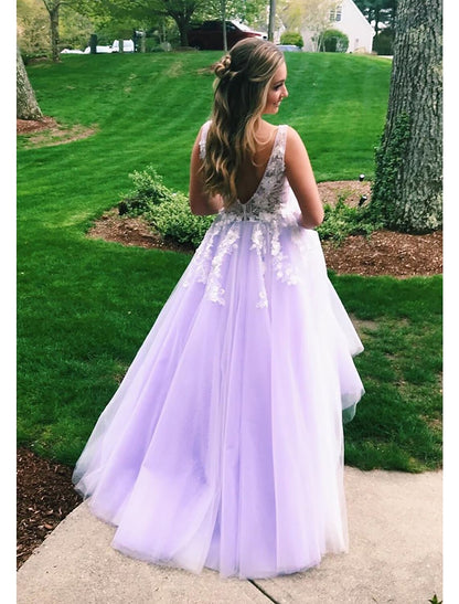 Wholesale Ball Gown A-Line Prom Dresses Color Block Dress Formal Floor Length Sleeveless V Neck Tulle Backless V Back with Beading Appliques