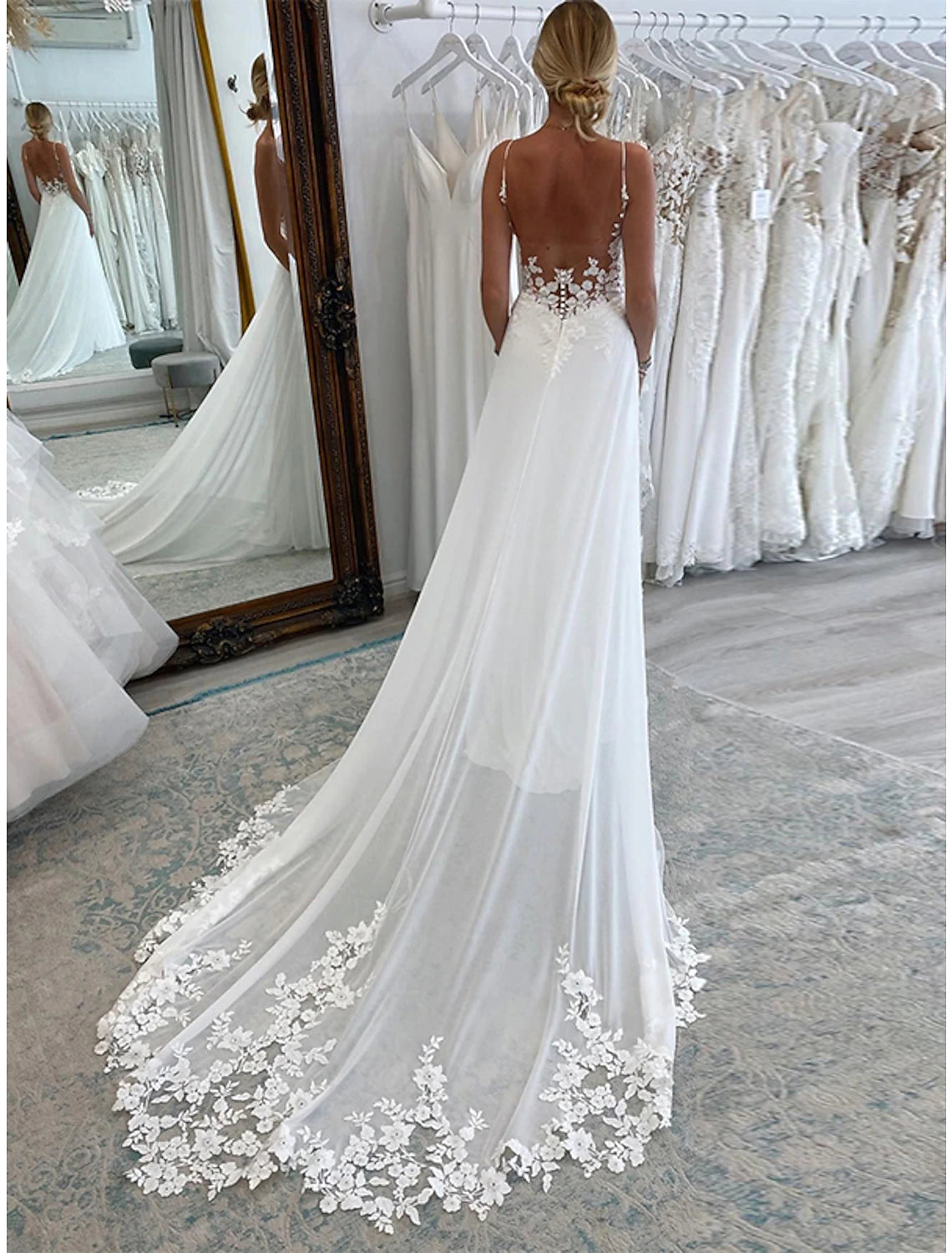 Wholesa Reception Formal Wedding Dresses A-Line Camisole Sleeveless Court Train Chiffon Bridal Suits Bridal Gowns With Appliques