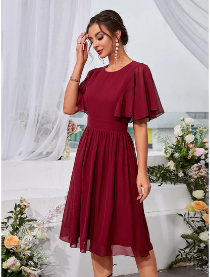 Wholesale A-Line Wedding Guest Dresses Elegant Dress Holiday Knee Length Short Sleeve Jewel Neck Chiffon with Pleats Ruffles