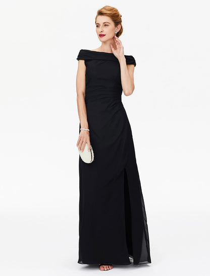 Wholesa Sheath / Column Mother of the Bride Dress Furcal Off Shoulder Floor Length Chiffon Short Sleeve No with Pleats Split Front