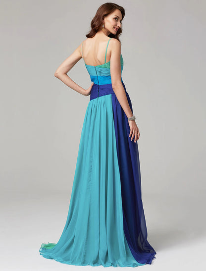 Wholesale A-Line Color Block Dress Wedding Guest Sweep / Brush Train Sleeveless Sweetheart Chiffon Backless with Pleats Ruched Crystals