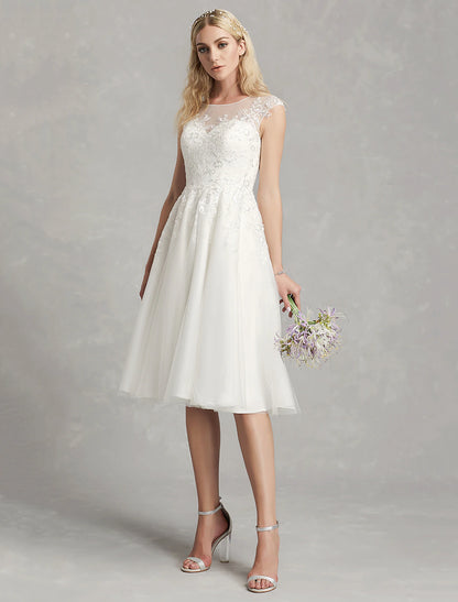 Wholesale Reception Little White Dresses Wedding Dresses A-Line Illusion Neck Cap Sleeve Knee Length Lace Bridal Gowns With Appliques 2023 Summer Wedding Party