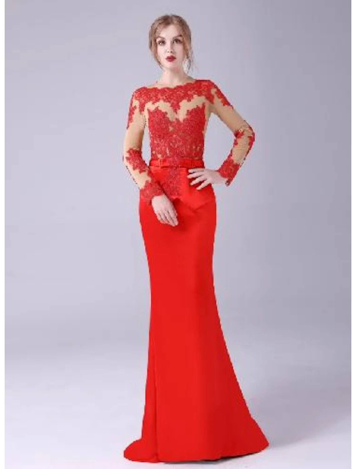 Wholesale Mermaid / Trumpet Evening Gown Celebrity Style Dress Engagement Floor Length Long Sleeve Jewel Neck Stretch Satin with Sash / Ribbon Appliques