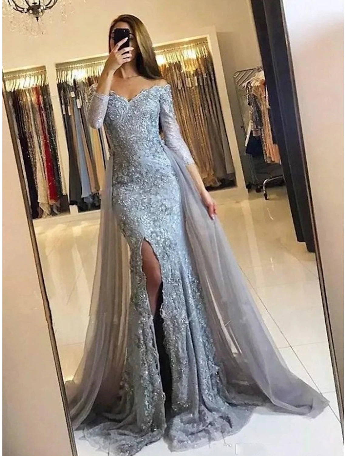 Wholesa  Mermaid Evening Gown Floral Carnival Dress Formal Wedding Sweep / Brush Train Long Sleeve Off Shoulder Fall Wedding Reception Chiffon with Slit Appliques