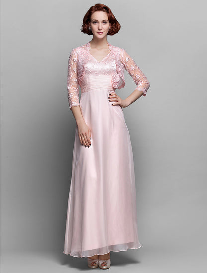 wholesale Sheath / Column Mother of the Bride Dress V Neck Ankle Length Chiffon Lace 3/4 Length Sleeve with Bow(s) Ruched