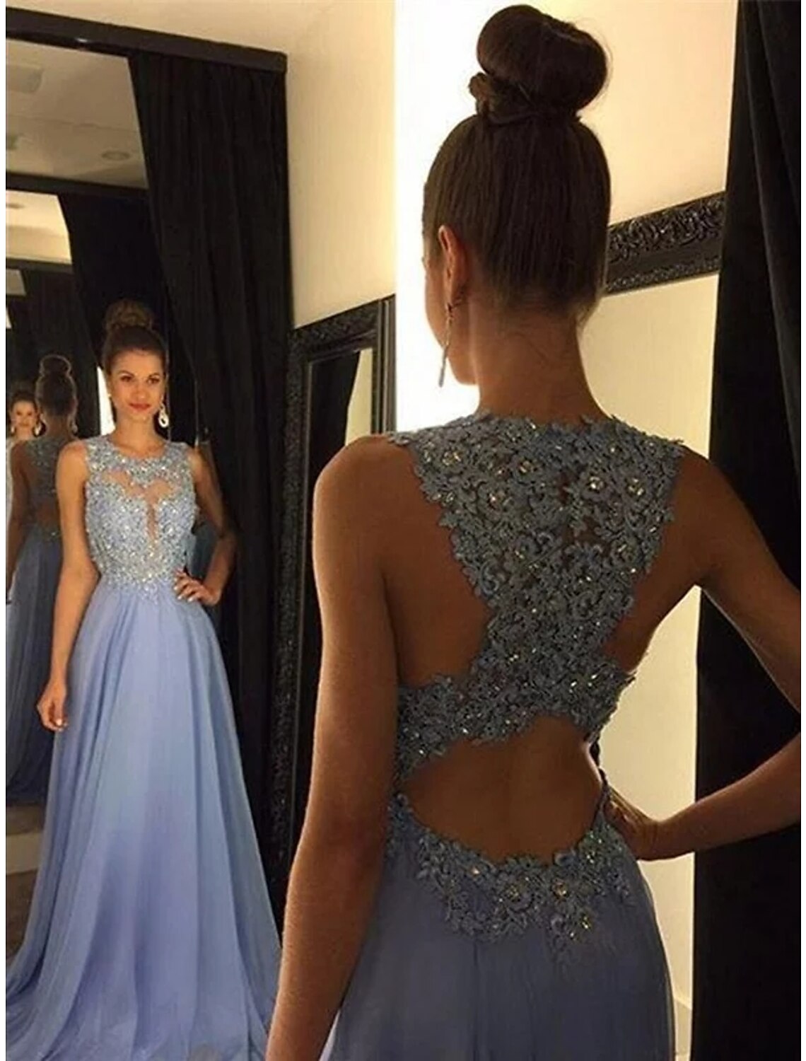 Wholesa A-Line Empire Prom Formal Evening Dress Jewel Neck Sleeveless Sweep / Brush Train Chiffon with Beading Appliques