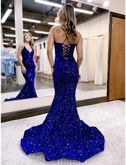 Wholesa Mermaid / Trumpet Evening Gown Sparkle & Shine Dress Formal Prom Court Train Sleeveless V Neck Sequined Backless with Sequin