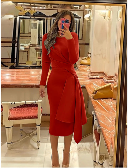 Wholesa Sheath Formal Dress Cocktail Dresses Elegant Red Green Dress Formal Fall Knee Length Long Sleeve Jewel Neck Stretch Fabric with Pleats Ruched