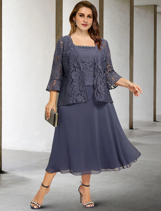 Wholesa  Two Piece A-Line Mother of the Bride Dresses Plus Size Hide Belly Curve Elegant Dress Formal Tea Length Sleeveless Square Neck Chiffon with Beading