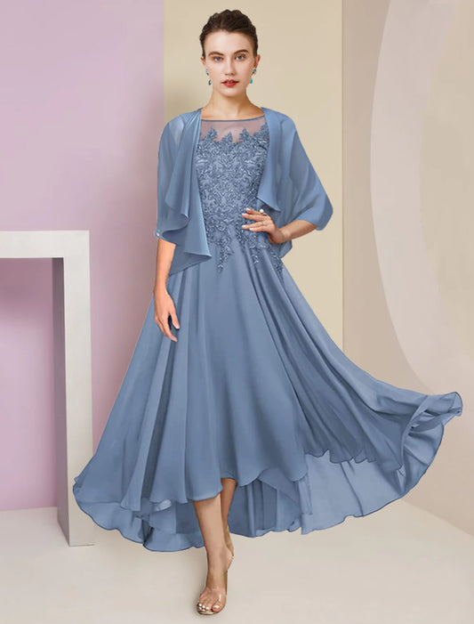 Wholesa  Two Piece A-Line Mother of the Bride Dress Formal Wedding Guest Elegant High Low Scoop Neck Asymmetrical Tea Length Chiffon Lace Short Sleeve Wrap Included with Sequin Appliques