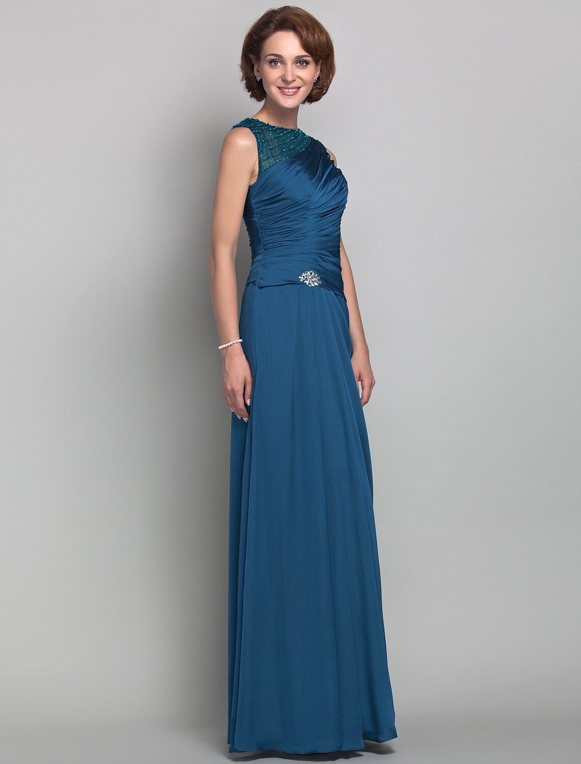 Wholesa Sheath / Column Mother of the Bride Dress Vintage Inspired Jewel Neck Floor Length Satin Chiffon Sleeveless with Beading