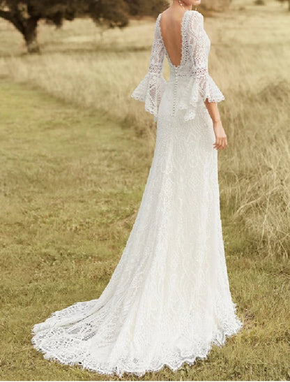 Wholesale Beach Boho Wedding Dresses A-Line Scoop Neck Long Sleeve Sweep / Brush Train Lace With Lace Summer Wedding Party