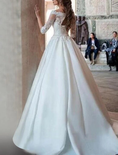 Wholesale Engagement Formal Fall Wedding Dresses Ball Gown Off Shoulder Half Sleeve Sweep / Brush Train Satin Bridal Gowns With Pleats Appliques Summer Wedding Party