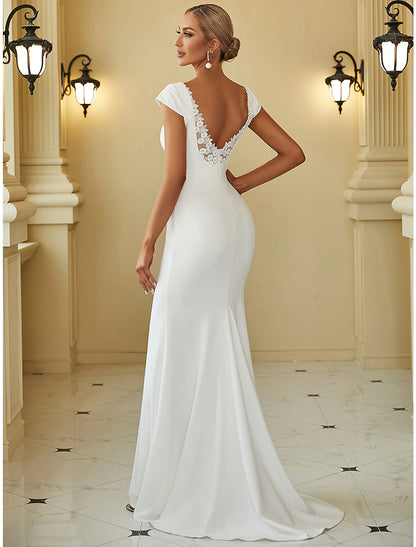 Wholesale Reception Casual Wedding Dresses Mermaid / Trumpet V Neck Cap Sleeve Sweep / Brush Train Stretch Fabric Bridal Gowns With Draping Solid Color 2023 Summer Wedding Party