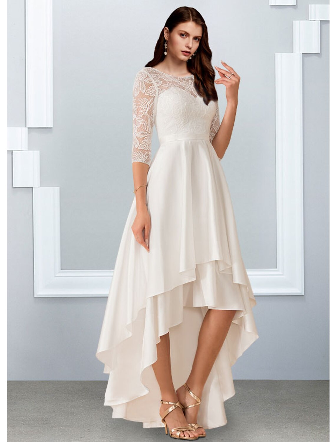 Wholesale Reception Little White Dresses Wedding Dresses A-Line Illusion Neck Half Sleeve Asymmetrical Chiffon Bridal Gowns With Cascading Ruffles 2023 Summer Wedding Party