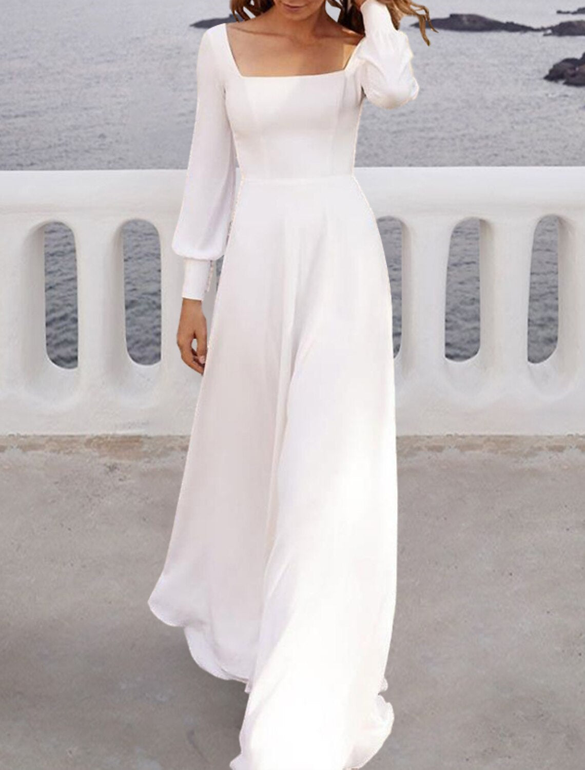 Wholesa Beach Simple Wedding Dresses A-Line Square Neck Long Sleeve Sweep / Brush Train Chiffon Bridal Gowns With Solid Color 2024 Summer Wedding Party