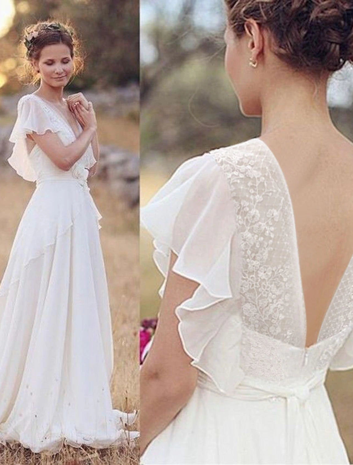 Wholesale Beach Boho Wedding Dresses A-Line V Neck Short Sleeve Floor Length Chiffon Bridal Gowns With Beading Appliques 2023 Summer Wedding Party