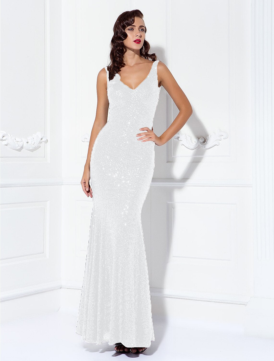 Wholesa Sheath / Column Sparkle & Shine Dress Wedding Guest Prom Floor Length Sleeveless V Neck Sequined V Back with Sequin