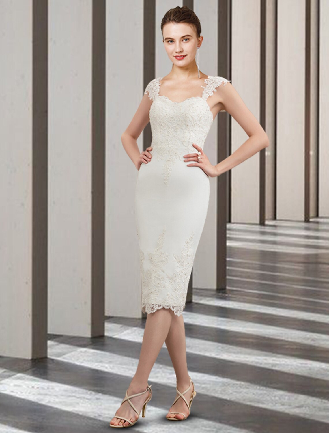 wholesale  Two Piece Sheath / Column Mother of the Bride Dress Wedding Guest Church Elegant Jewel Neck Knee Length Chiffon Lace Sleeveless with Beading Appliques Fall