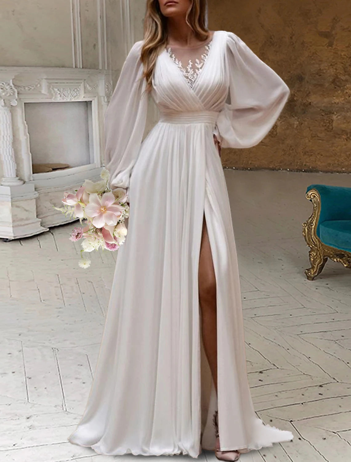 Wholesa Bridal Shower Little White Dresses Wedding Dresses A-Line Scoop Neck Long Sleeve Sweep / Brush Train Chiffon Bridal Gowns With Pleats Appliques