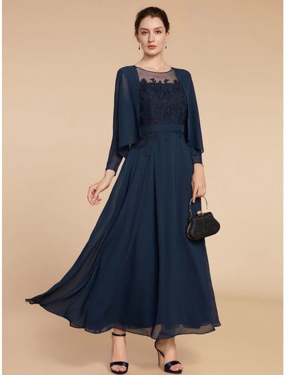 Wholesa  A-Line Mother of the Bride Dress Wedding Guest Elegant Jewel Neck Ankle Length Chiffon Lace Long Sleeve with Ruching Solid Color