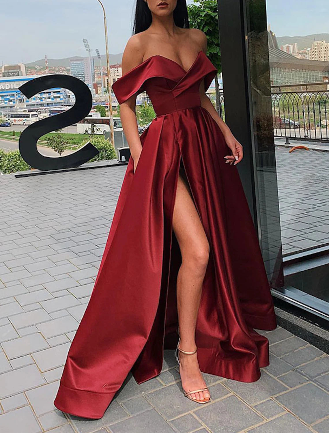 Wholesa A-Line Evening Gown Celebrity Dress Red Green Dress Prom Floor Length Short Sleeve V Neck Fall Wedding Guest Satin with Slit