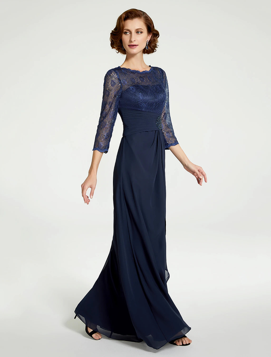 wholesale A-Line Mother of the Bride Dress Jewel Neck Floor Length Chiffon Lace 3/4 Length Sleeve with Lace Ruching