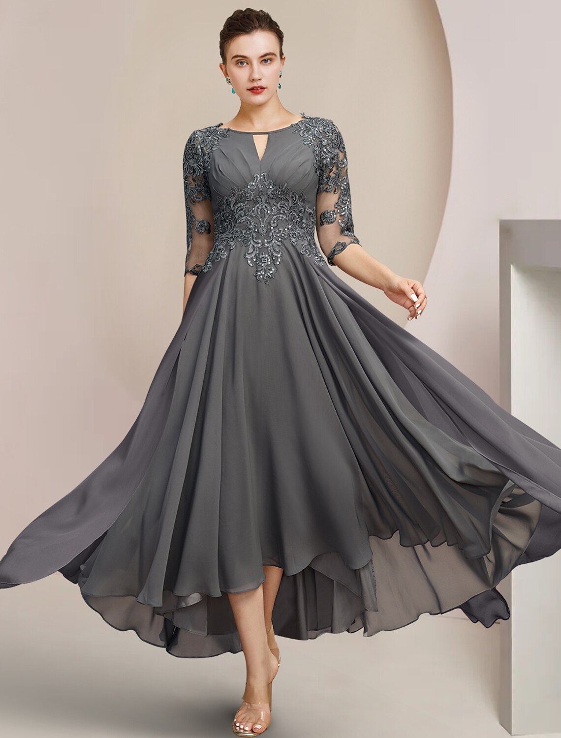 Wholesa A-Line Mother of the Bride Dress Formal Wedding Guest Elegant High Low Scoop Neck Tea Length Chiffon Lace Half Sleeve with Sequin Appliques