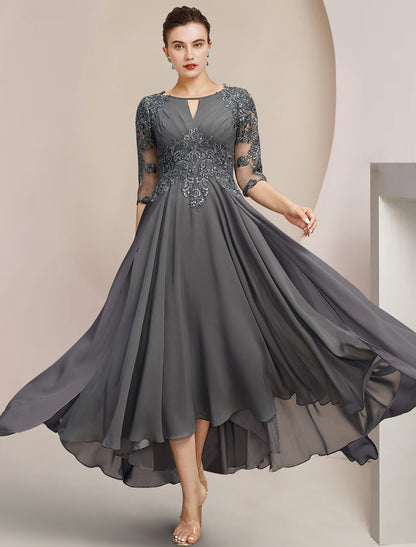 Wholesa A-Line Mother of the Bride Dress Formal Wedding Guest Elegant High Low Scoop Neck Tea Length Chiffon Lace Half Sleeve with Sequin Appliques