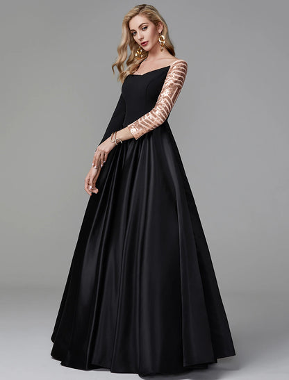 Wholesa Ball Gown Black Dress Vintage Quinceanera Formal Evening Floor Length Long Sleeve Off Shoulder Satin with Sequin