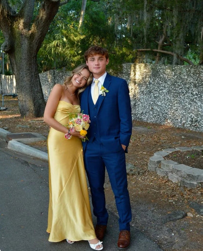 Aimishang Elegant Yellow Mermaid Spaghetti Straps Long Prom Dress Simple Evening Party Dress Formal Dress With Slit